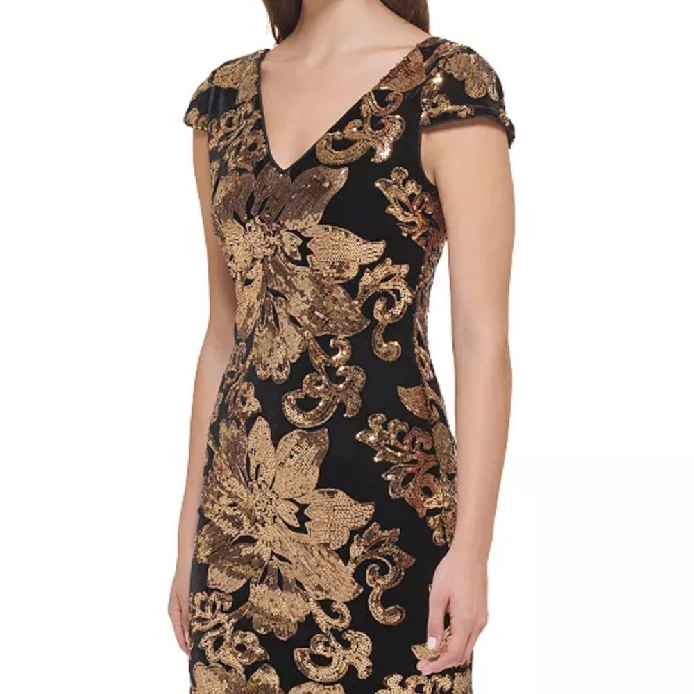 Guess Los Angeles Elegant Black Velvet and Gold Floral Dress